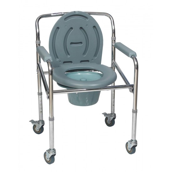 eOnekart Portable Height Adjustable Folding Commode Chair With Wheel & Commode Pot | Shower Transport Chair | Padded Toilet Seat | Arm Rests | Chrome Plated Steel | Rear Wheel Lock