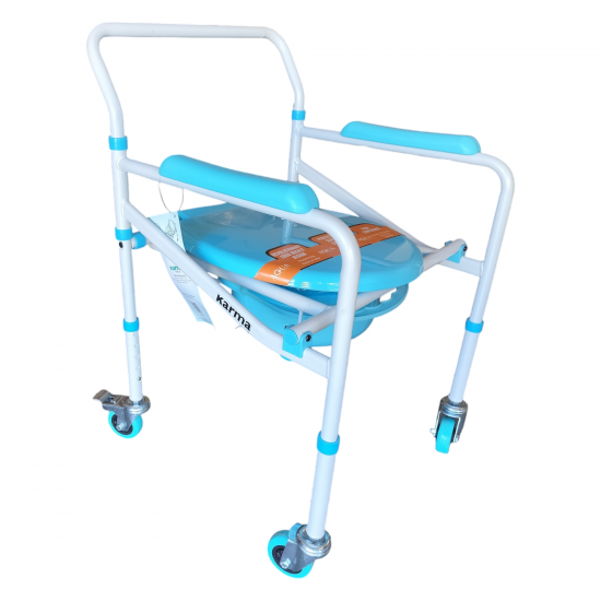 eOnekart Karma Aqua-5 Bedside Commode With Wheel Chair for Adult Patient for Home Hospitals Clinics I Weight Capacity Upto 120kg I Height Adjustable I Foldable Toilet Seat - Blue