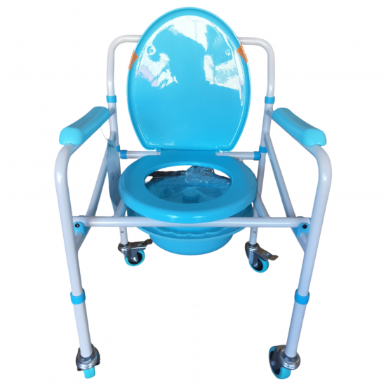 eOnekart Karma Aqua-5 Bedside Commode With Wheel Chair for Adult Patient for Home Hospitals Clinics I Weight Capacity Upto 120kg I Height Adjustable I Foldable Toilet Seat - Blue