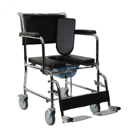 eOnekart Rolling Commode Chair U-Cut Seat with Removable Pot | Chrome Steel Frame | Lightweight Portable Durable Wheelchair | Flip Down Armrest | Detachable Legrest | 5'' Castor Wheels Rear With Brake