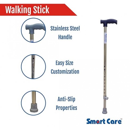 eOnekart Smartcare Walking Stick - SS930 Height Adjustable Strong Durable Anti-Slip Lightweight Walking Cane | Hand Stick for Old People & Adults Men & Women for Balancing Mobility Aid T Handle