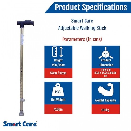 eOnekart Smartcare Walking Stick - SS930 Height Adjustable Strong Durable Anti-Slip Lightweight Walking Cane | Hand Stick for Old People & Adults Men & Women for Balancing Mobility Aid T Handle
