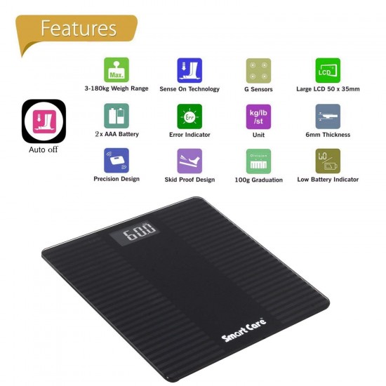 eOnekart Smartcare Electronic Bathroom Digital SC0181 Glass Top Weighing Scale (Black)