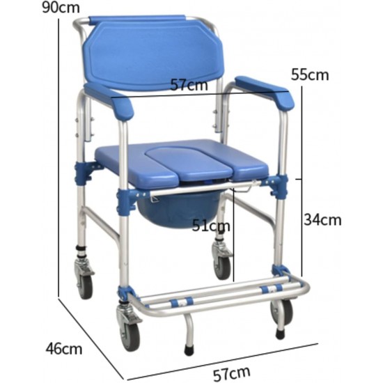 eOnekart Multifunctional Rolling Shower Commode Chair With Locking Wheels | Soft Padded U-Cut Seat | Lightweight Folding Bathroom/Toilet Wheelchair With Bucket, Armrest, Footrest for Elderly & Seniors