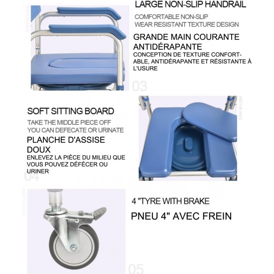 eOnekart Multifunctional Rolling Shower Commode Chair With Locking Wheels | Soft Padded U-Cut Seat | Lightweight Folding Bathroom/Toilet Wheelchair With Bucket, Armrest, Footrest for Elderly & Seniors