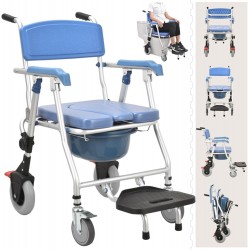 eOnekart Multipurpose 4-in-1 Folding Bedside Commode Shower Wheelchair With Bucket, Armrest, Footrest & Padded Cushion | Rolling Bathroom/toilet Transport Chair Locking Wheels for Elderly and Seniors