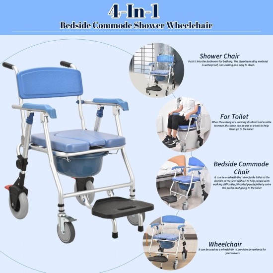 eOnekart Multipurpose 4-in-1 Folding Bedside Commode Shower Wheelchair With Bucket, Armrest, Footrest & Padded Cushion | Rolling Bathroom/toilet Transport Chair Locking Wheels for Elderly and Seniors