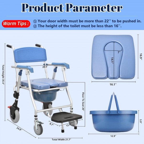 eOnekart Multipurpose 4-in-1 Folding Bedside Commode Shower Wheelchair With Bucket, Armrest, Footrest & Padded Cushion | Rolling Bathroom/toilet Transport Chair Locking Wheels for Elderly and Seniors