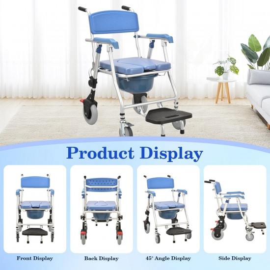 eOnekart Multipurpose 4-in-1 Folding Bedside Commode Shower Wheelchair With Bucket, Armrest, Footrest & Padded Cushion | Rolling Bathroom/toilet Transport Chair Locking Wheels for Elderly and Seniors