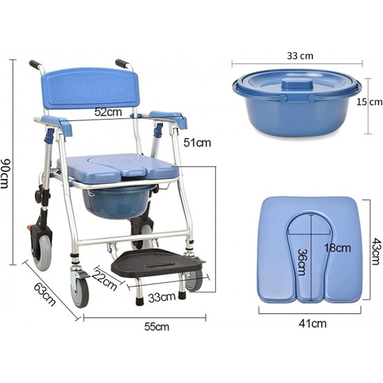 eOnekart Multipurpose 4-in-1 Folding Bedside Commode Shower Wheelchair With Bucket, Armrest, Footrest & Padded Cushion | Rolling Bathroom/toilet Transport Chair Locking Wheels for Elderly and Seniors