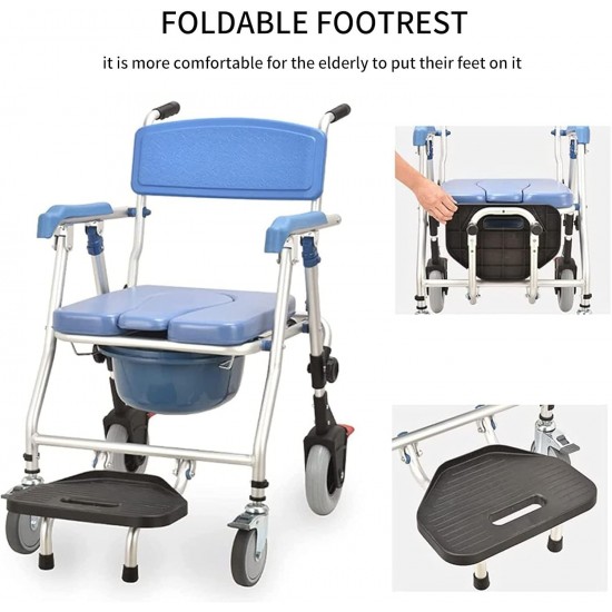 eOnekart Multipurpose 4-in-1 Folding Bedside Commode Shower Wheelchair With Bucket, Armrest, Footrest & Padded Cushion | Rolling Bathroom/toilet Transport Chair Locking Wheels for Elderly and Seniors