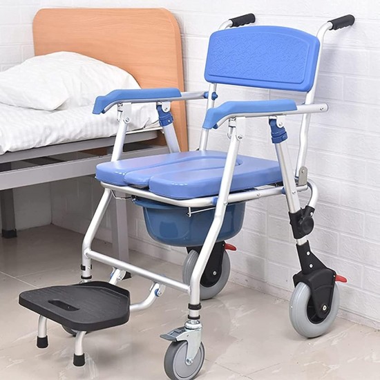 eOnekart Multipurpose 4-in-1 Folding Bedside Commode Shower Wheelchair With Bucket, Armrest, Footrest & Padded Cushion | Rolling Bathroom/toilet Transport Chair Locking Wheels for Elderly and Seniors