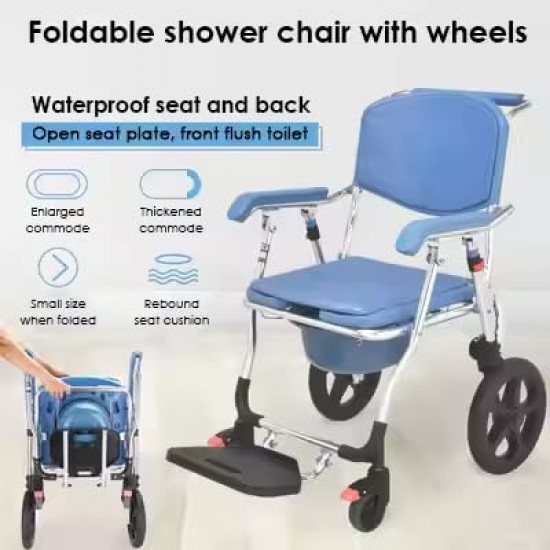 eOnekart Multipurpose 3-in-1 Folding Bedside Commode Shower Chair with Footrest, Soft Cushion Backrest, Locking Wheels | Medical Rolling Bathroom/Toilet Transport Wheelchair for Elderly and Seniors
