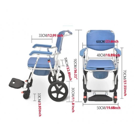 eOnekart Multipurpose 3-in-1 Folding Bedside Commode Shower Chair with Footrest, Soft Cushion Backrest, Locking Wheels | Medical Rolling Bathroom/Toilet Transport Wheelchair for Elderly and Seniors